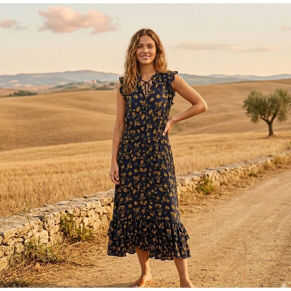 Banana Republic Dresses & Skirts - Banana Republic Navy Blue & Yellow Floral Ruffle Cottagecore Maxi Dress